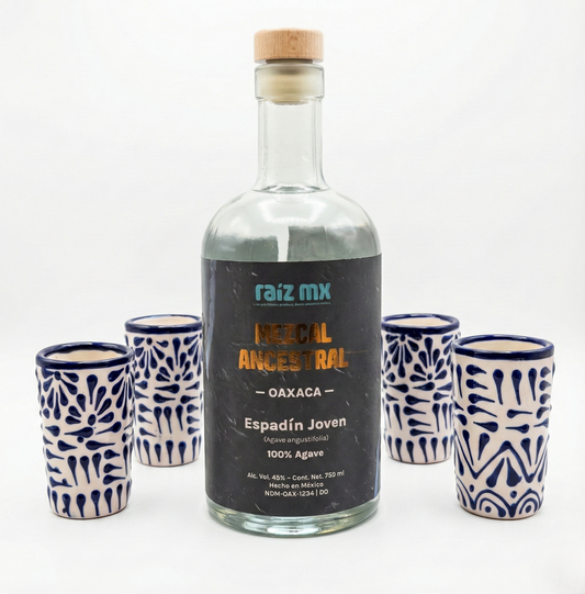 Ritual de Talavera: Mezcal Ancestral y 4 Caballitos de Talavera - Azul - Envío Incluido