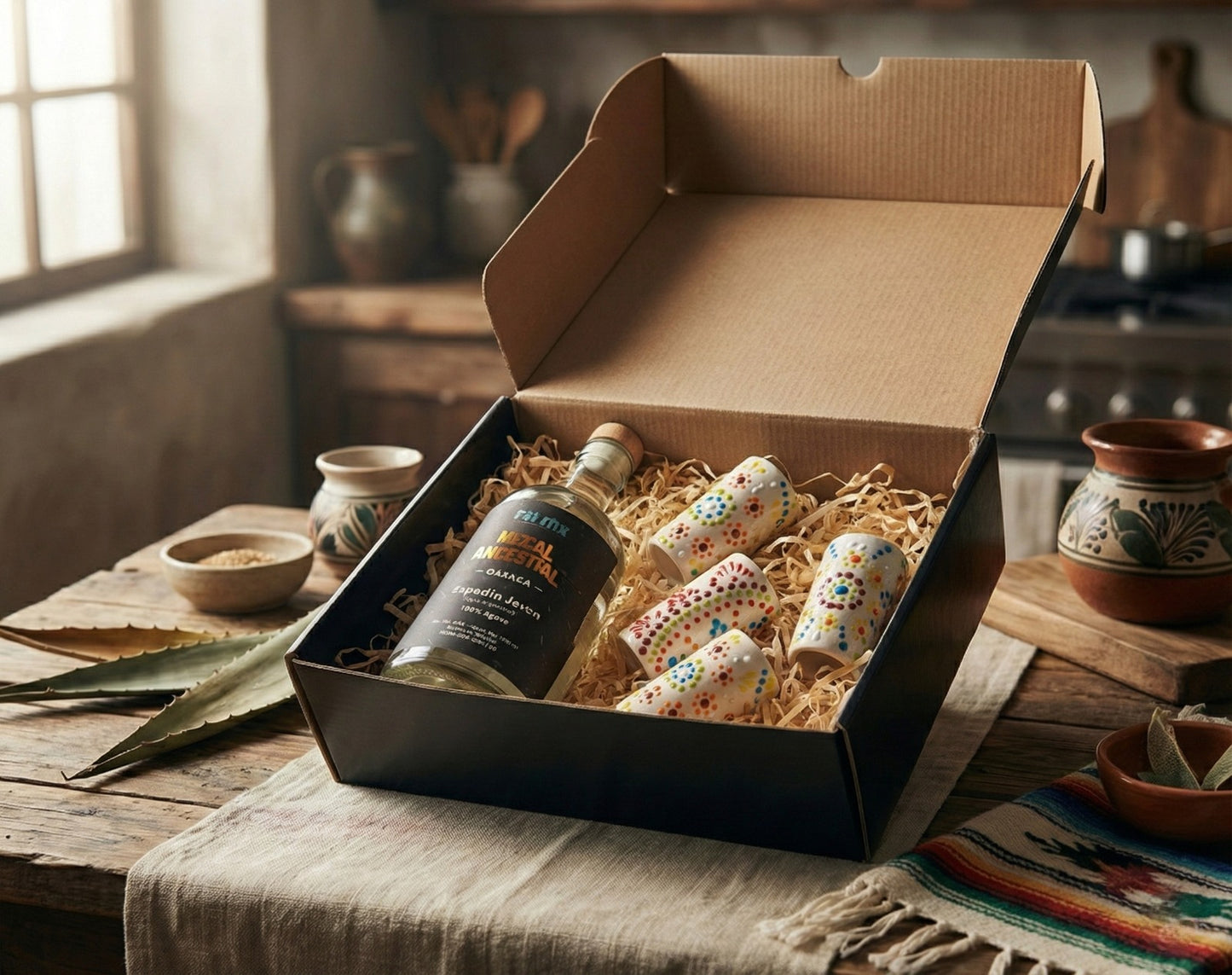 Ritual de Talavera: Mezcal Ancestral y 4 Caballitos de Talavera - Lluvia de color - Envío Incluido