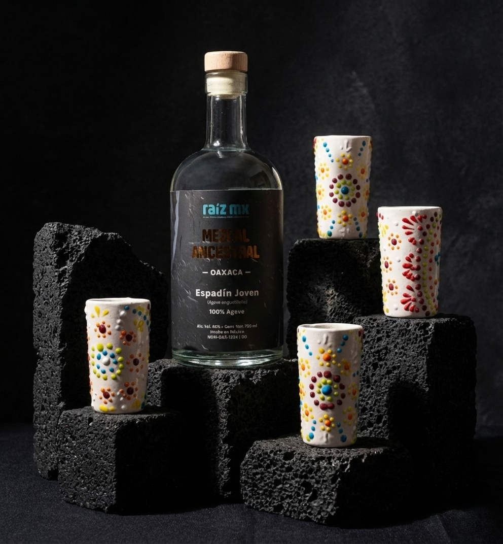 Ritual de Talavera: Mezcal Ancestral y 4 Caballitos de Talavera - Lluvia de color - Envío Incluido