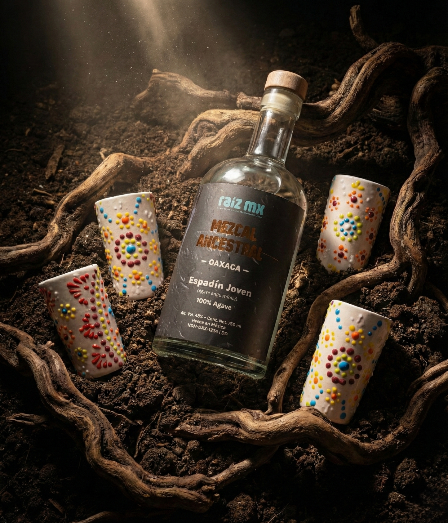 Ritual de Talavera: Mezcal Ancestral y 4 Caballitos de Talavera - Lluvia de color - Envío Incluido