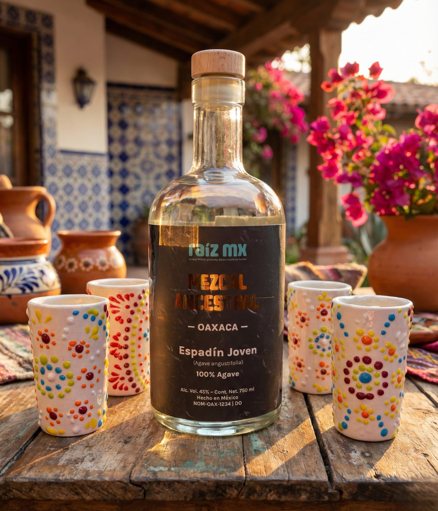 Ritual de Talavera: Mezcal Ancestral y 4 Caballitos de Talavera - Lluvia de color - Envío Incluido