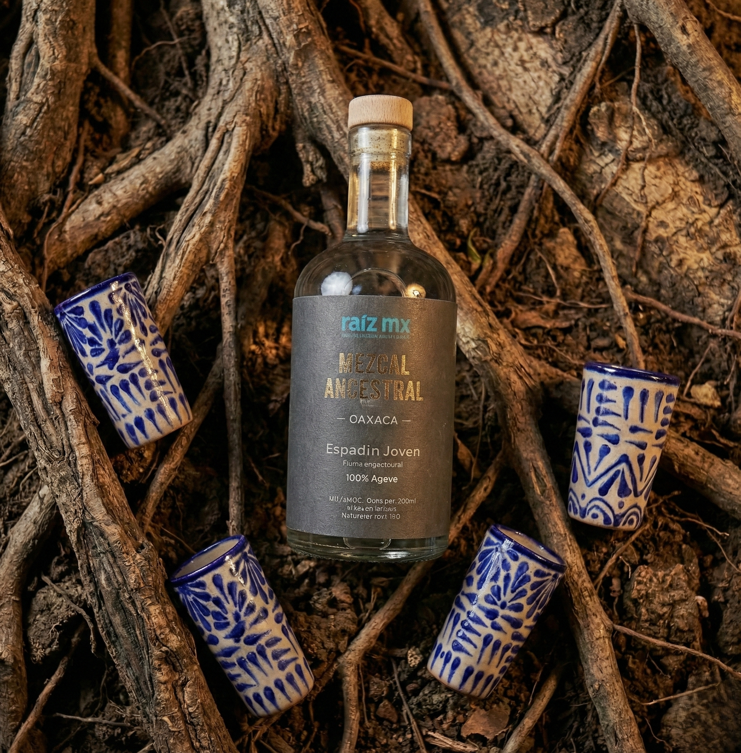 Ritual de Talavera: Mezcal Ancestral y 4 Caballitos de Talavera - Azul - Envío Incluido