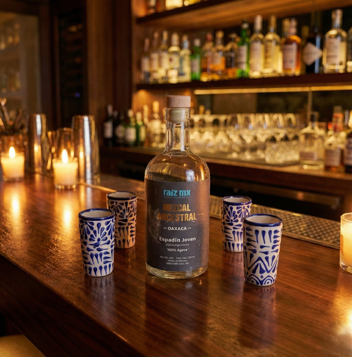 Ritual de Talavera: Mezcal Ancestral y 4 Caballitos de Talavera - Azul - Envío Incluido