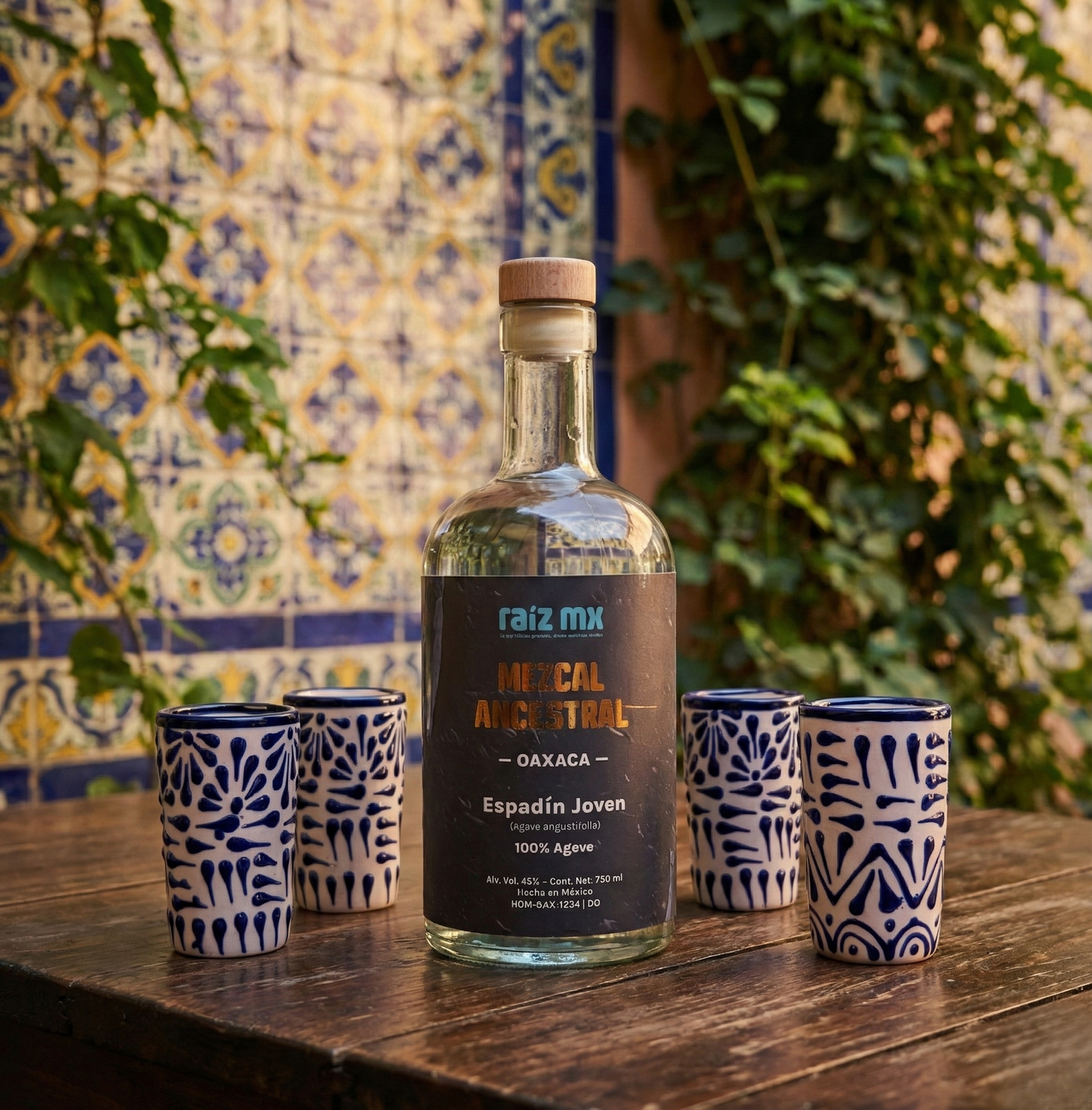 Ritual de Talavera: Mezcal Ancestral y 4 Caballitos de Talavera - Azul - Envío Incluido