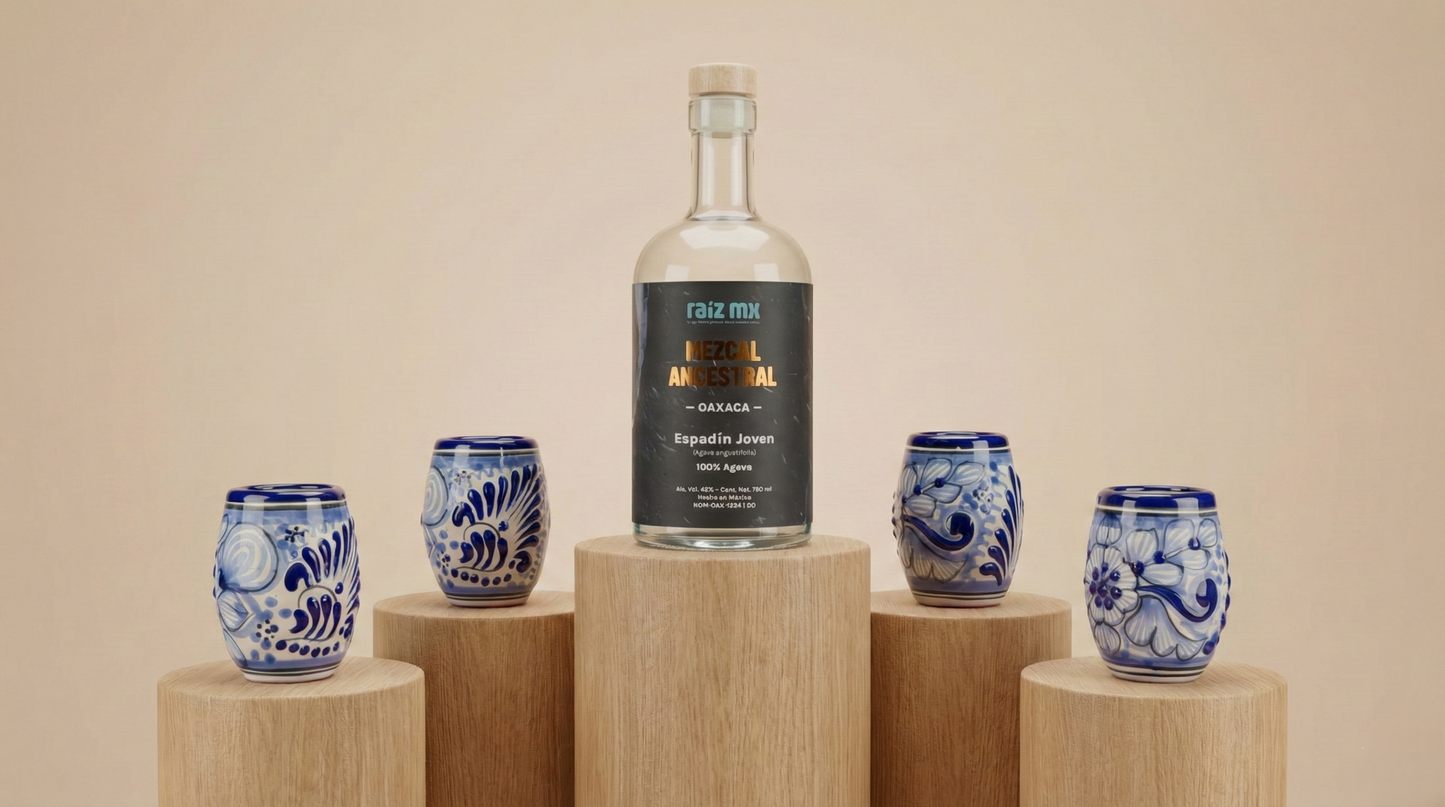 Ritual de Talavera: Mezcal Ancestral y 4 Caballitos de Talavera - Barril - Envío Incluido