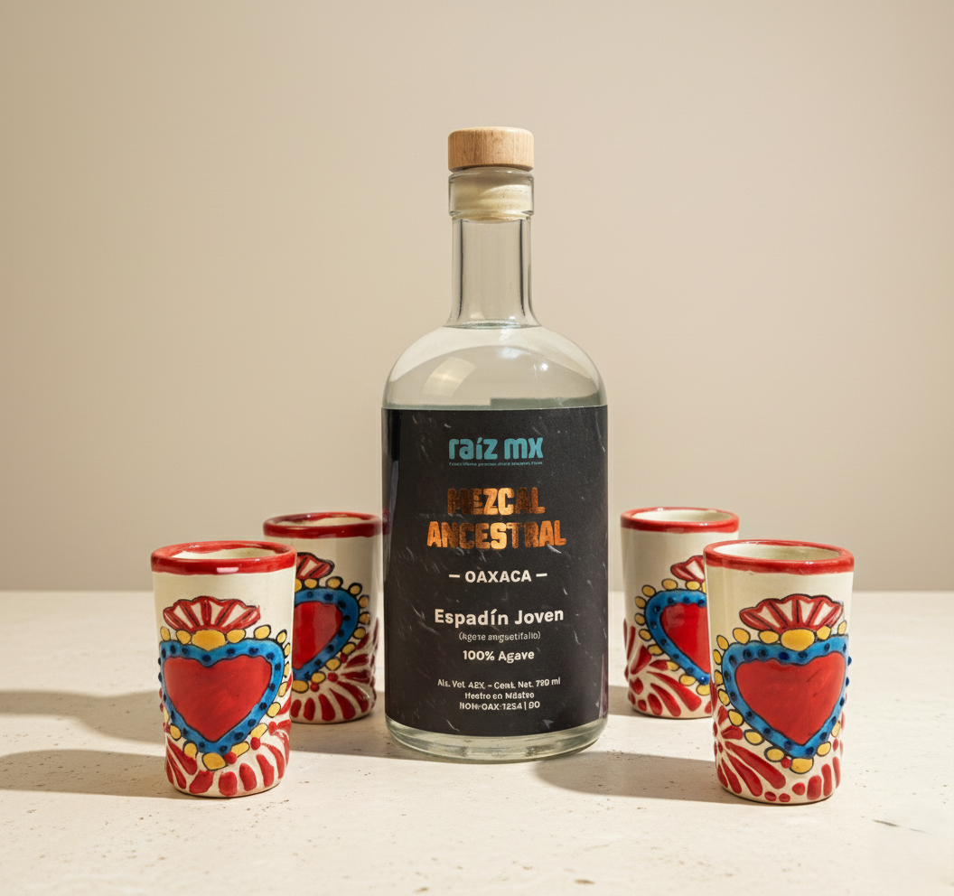 Ritual de Talavera: Mezcal Ancestral y 4 Caballitos de Talavera - Corazón Sagrado - Envío Incluido