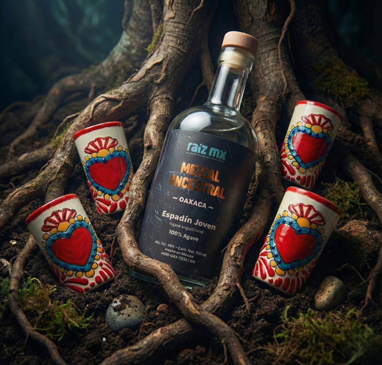 Ritual de Talavera: Mezcal Ancestral y 4 Caballitos de Talavera - Corazón Sagrado - Envío Incluido