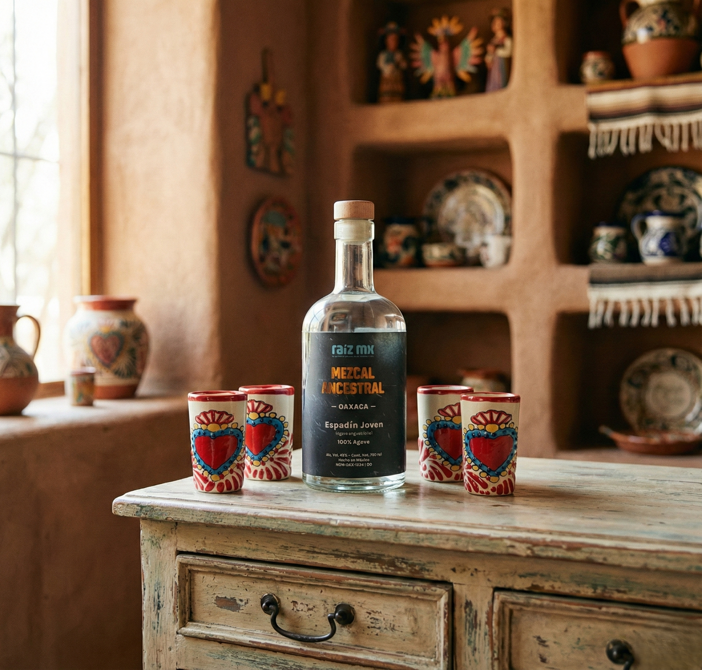 Ritual de Talavera: Mezcal Ancestral y 4 Caballitos de Talavera - Corazón Sagrado - Envío Incluido