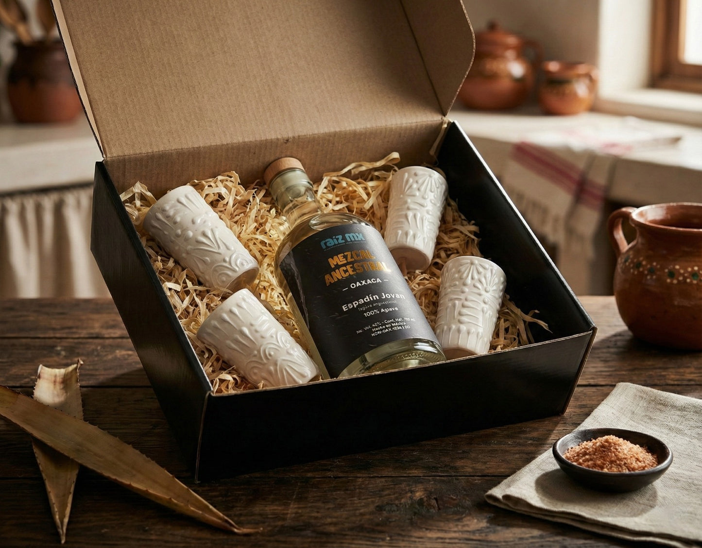 Ritual de Talavera: Mezcal Ancestral y 4 Caballitos de Talavera - Marfil - Envío Incluido