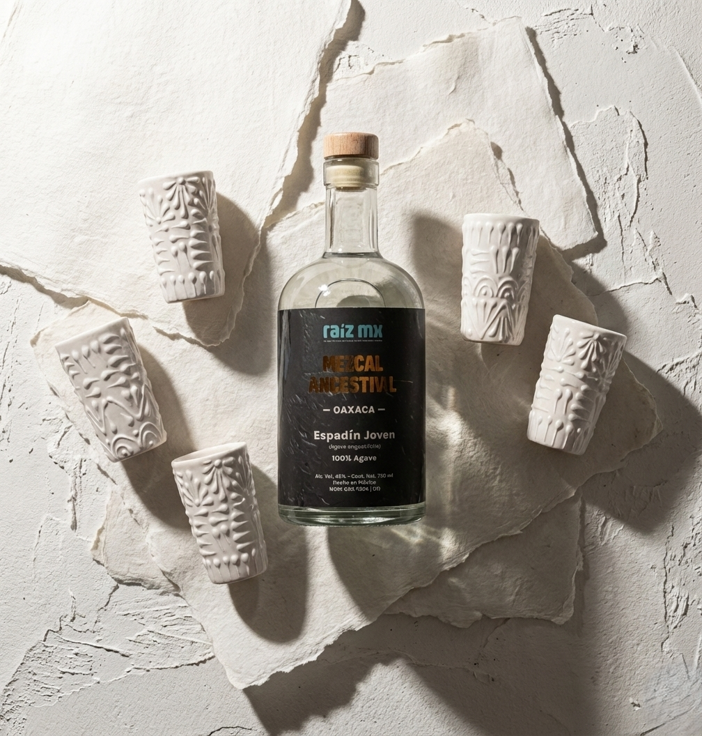 Ritual de Talavera: Mezcal Ancestral y 4 Caballitos de Talavera - Marfil - Envío Incluido
