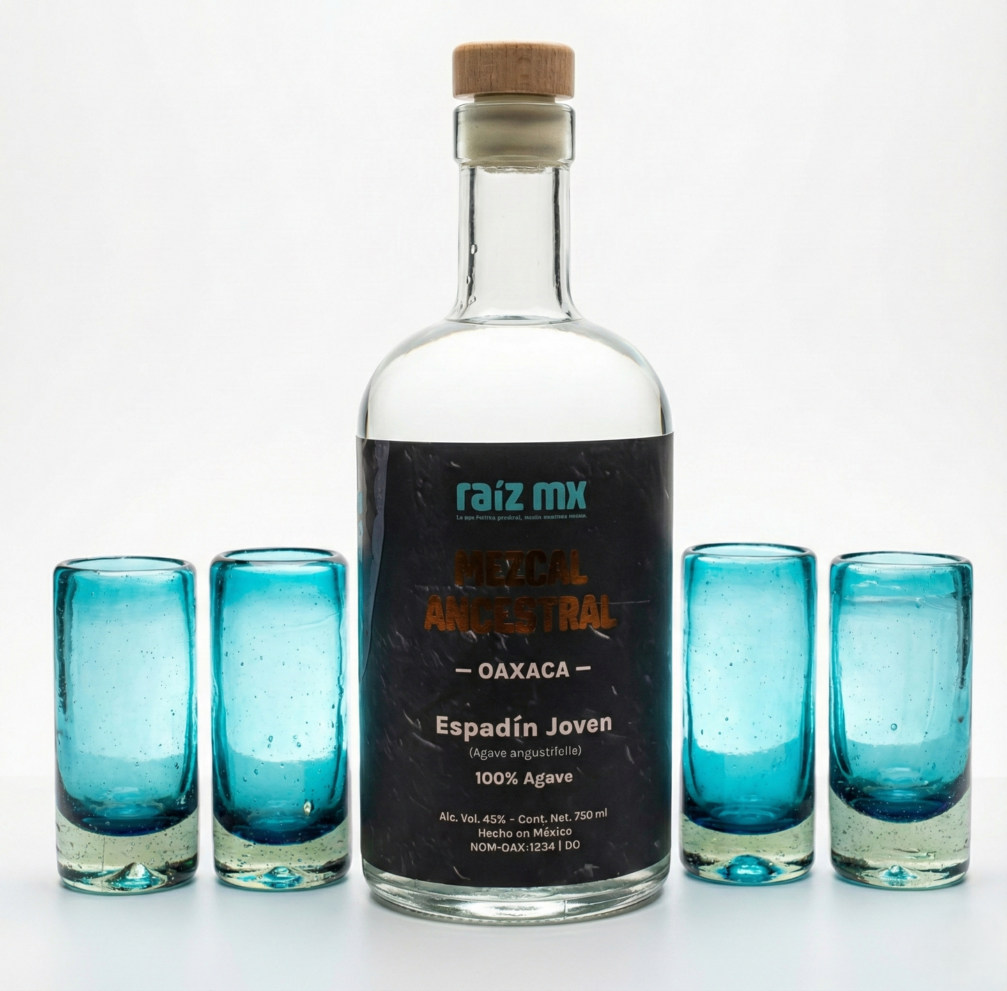 Ritual de Luz: Mezcal Ancestral y 4 Caballitos de Vidrio Soplado - Edición Azul Agave - Envío Incluido