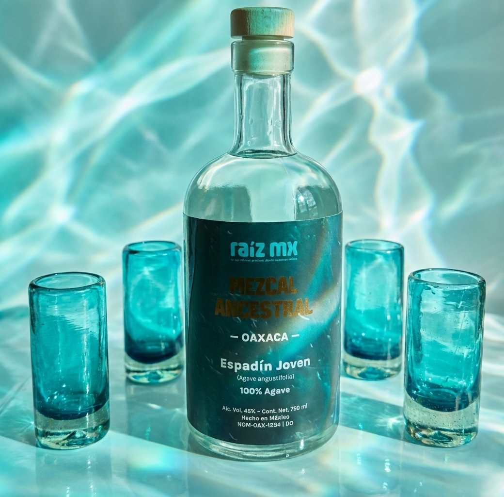 Ritual de Luz: Mezcal Ancestral y 4 Caballitos de Vidrio Soplado - Edición Azul Agave - Envío Incluido