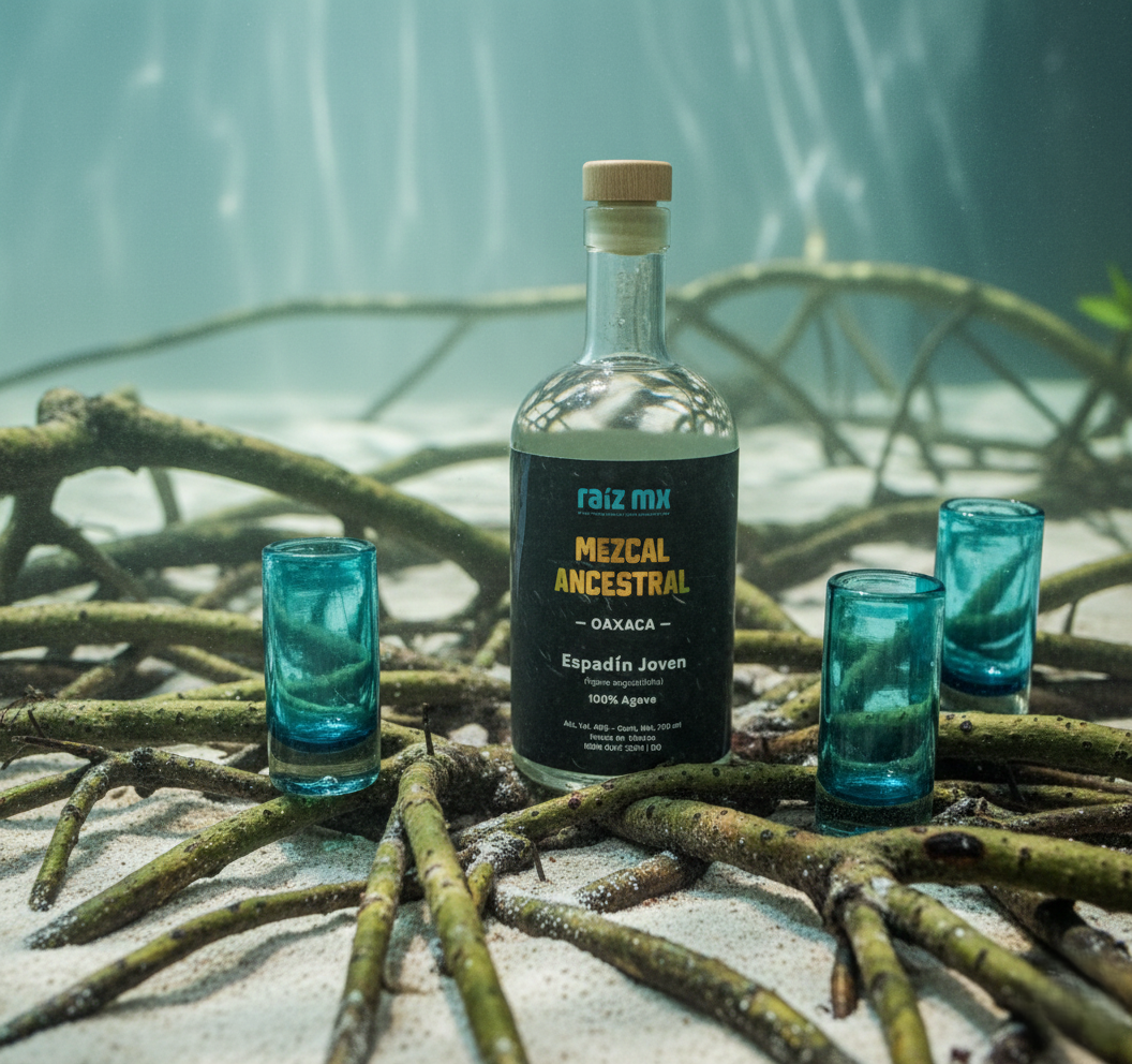 Ritual de Luz: Mezcal Ancestral y 4 Caballitos de Vidrio Soplado - Edición Azul Agave - Envío Incluido