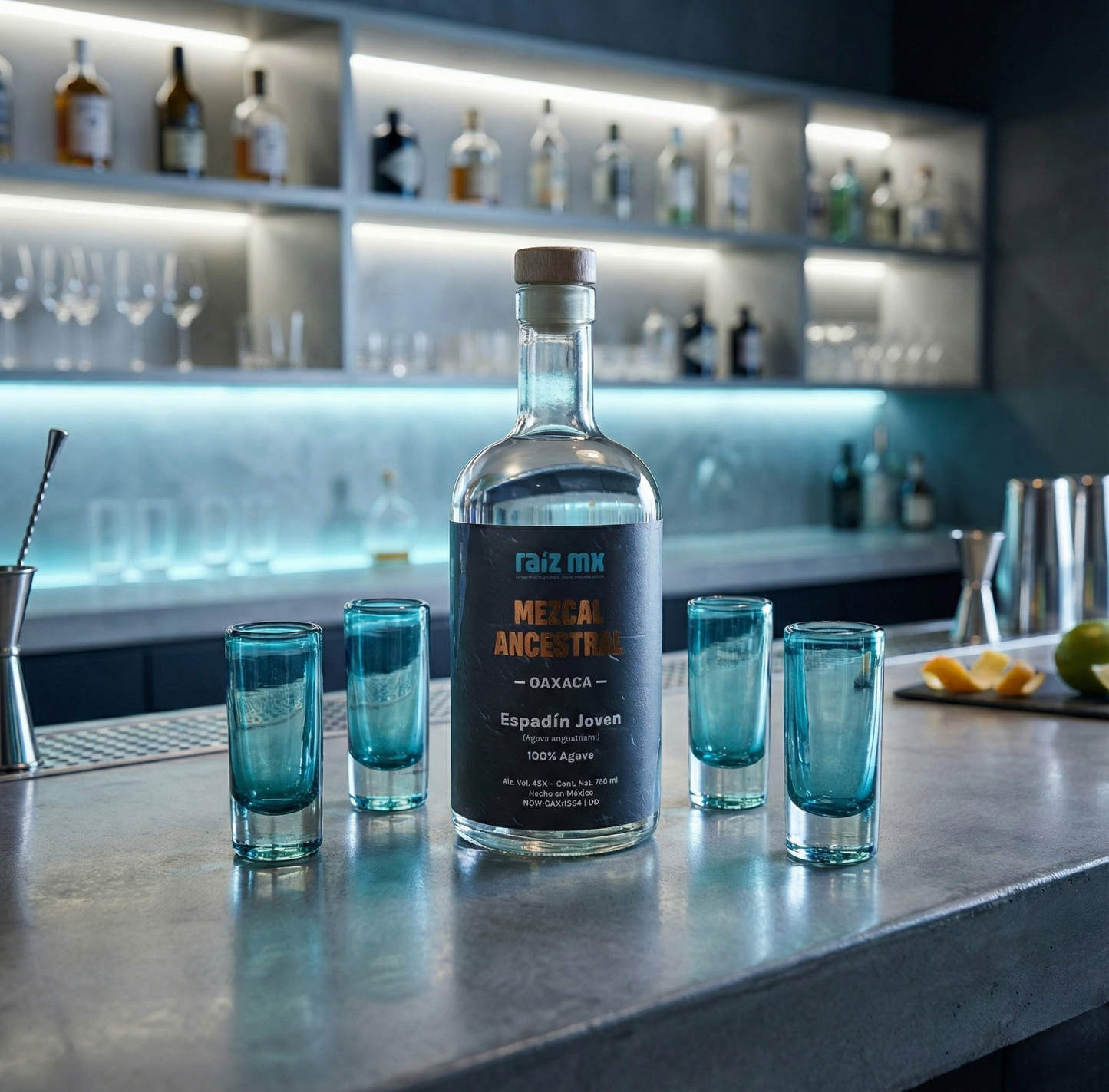 Ritual de Luz: Mezcal Ancestral y 4 Caballitos de Vidrio Soplado - Edición Azul Agave - Envío Incluido