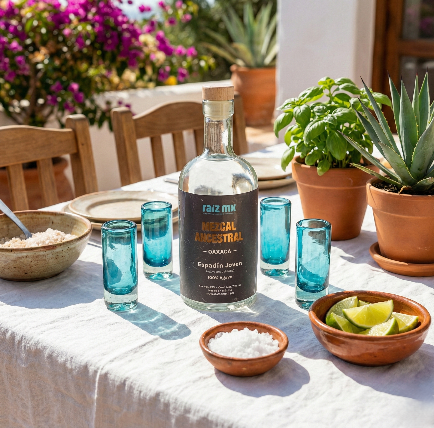Ritual de Luz: Mezcal Ancestral y 4 Caballitos de Vidrio Soplado - Edición Azul Agave - Envío Incluido