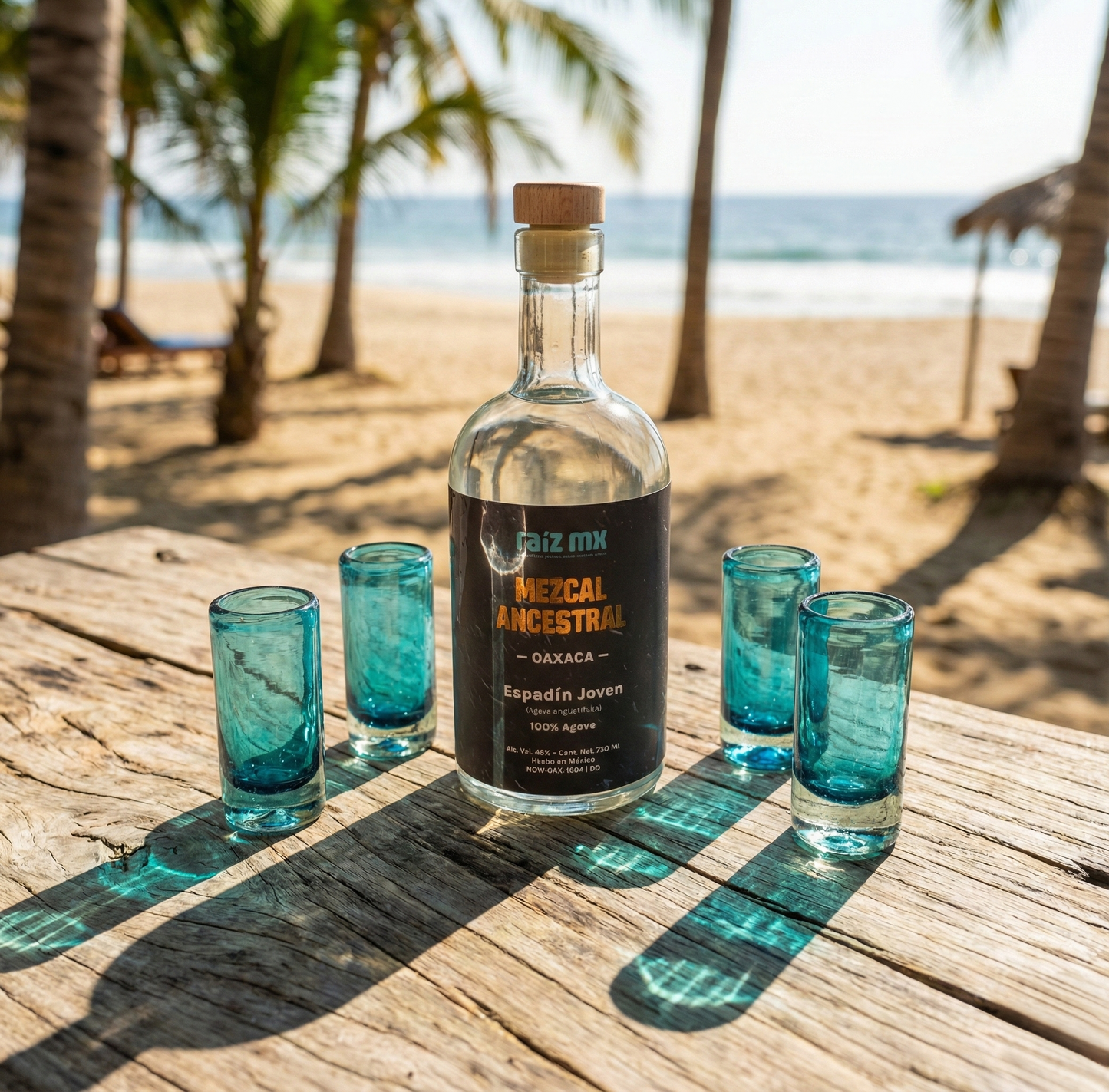 Ritual de Luz: Mezcal Ancestral y 4 Caballitos de Vidrio Soplado - Edición Azul Agave - Envío Incluido