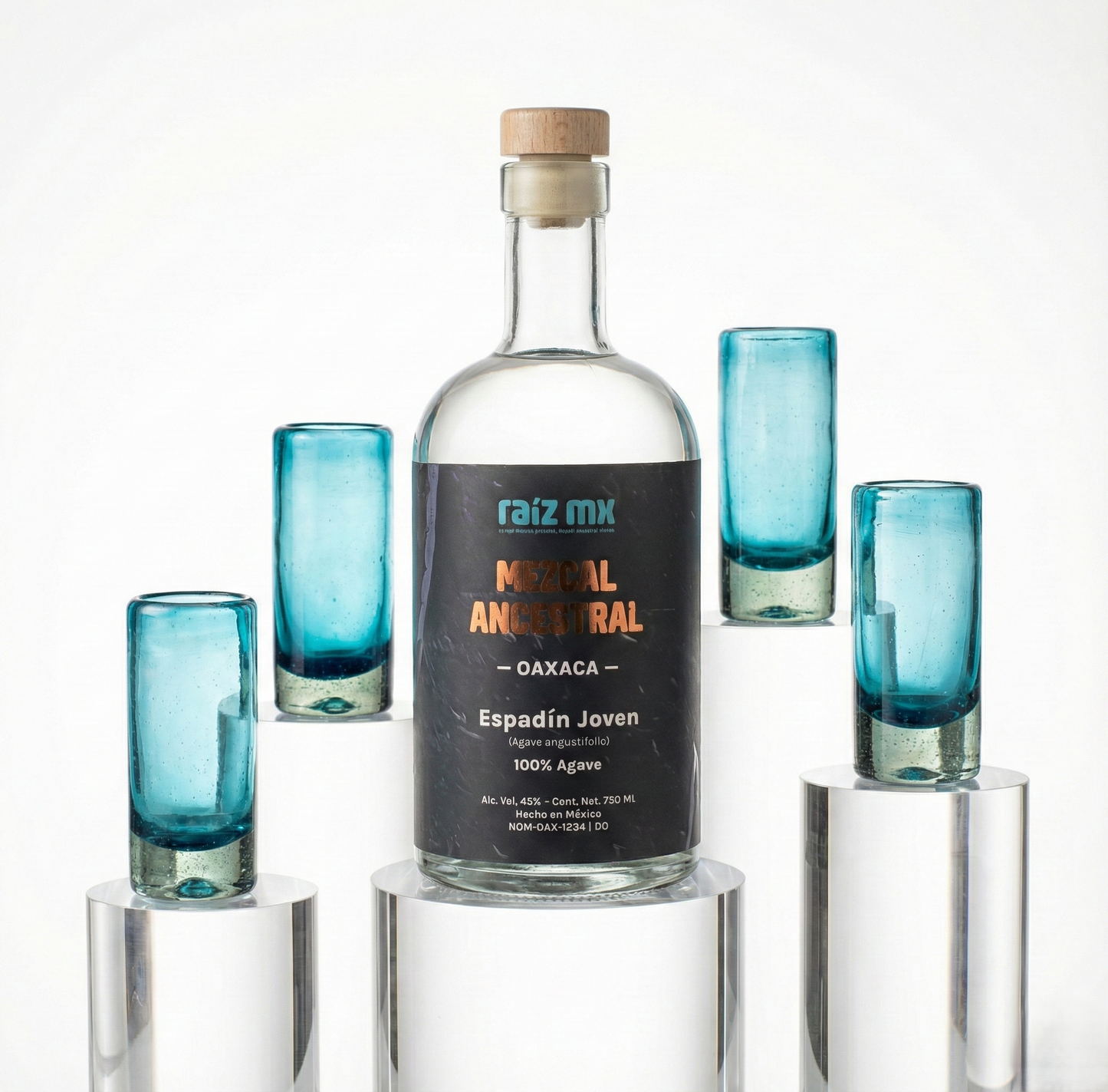 Ritual de Luz: Mezcal Ancestral y 4 Caballitos de Vidrio Soplado - Edición Azul Agave - Envío Incluido