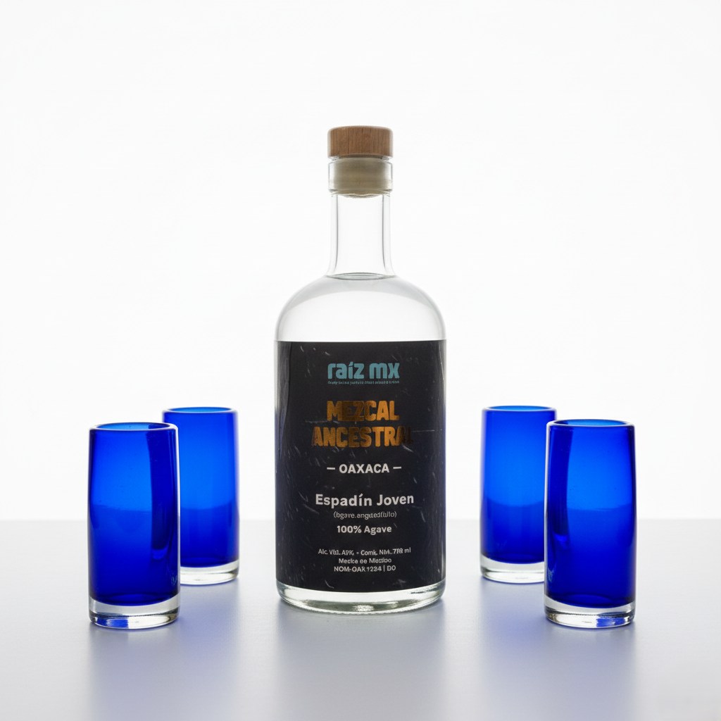 Ritual de Luz: Mezcal Ancestral y 4 Caballitos de Vidrio Soplado - Edición Azul Cobalto - Envío Incluido