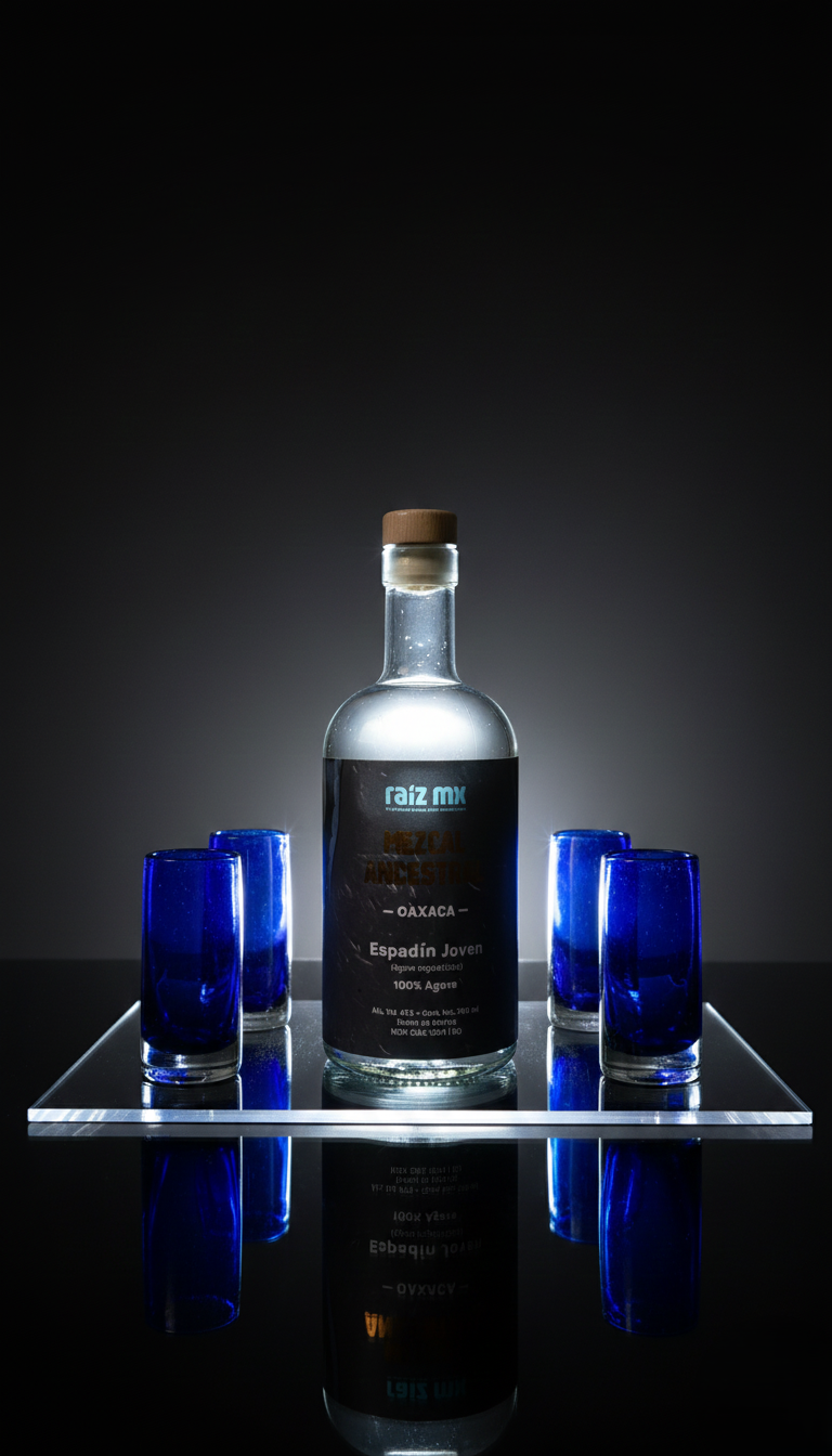 Ritual de Luz: Mezcal Ancestral y 4 Caballitos de Vidrio Soplado - Edición Azul Cobalto - Envío Incluido