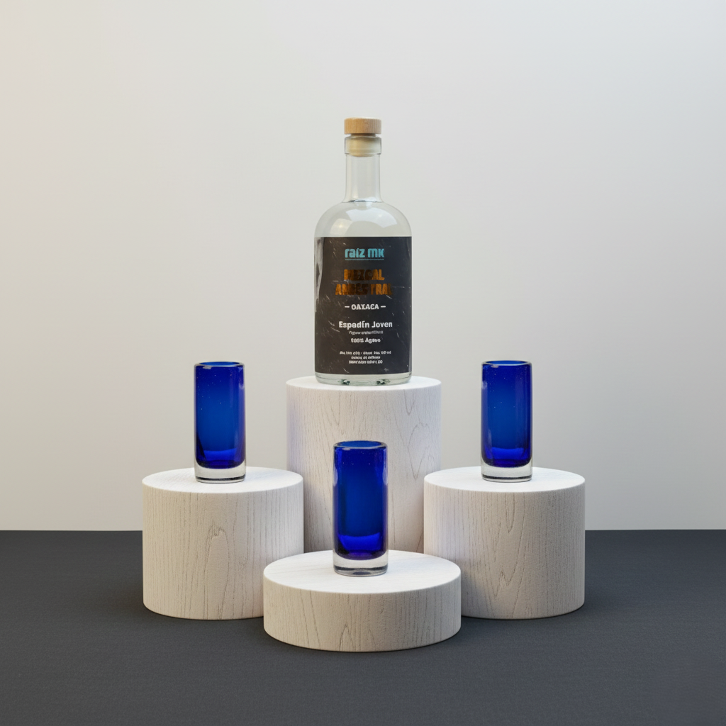 Ritual de Luz: Mezcal Ancestral y 4 Caballitos de Vidrio Soplado - Edición Azul Cobalto - Envío Incluido