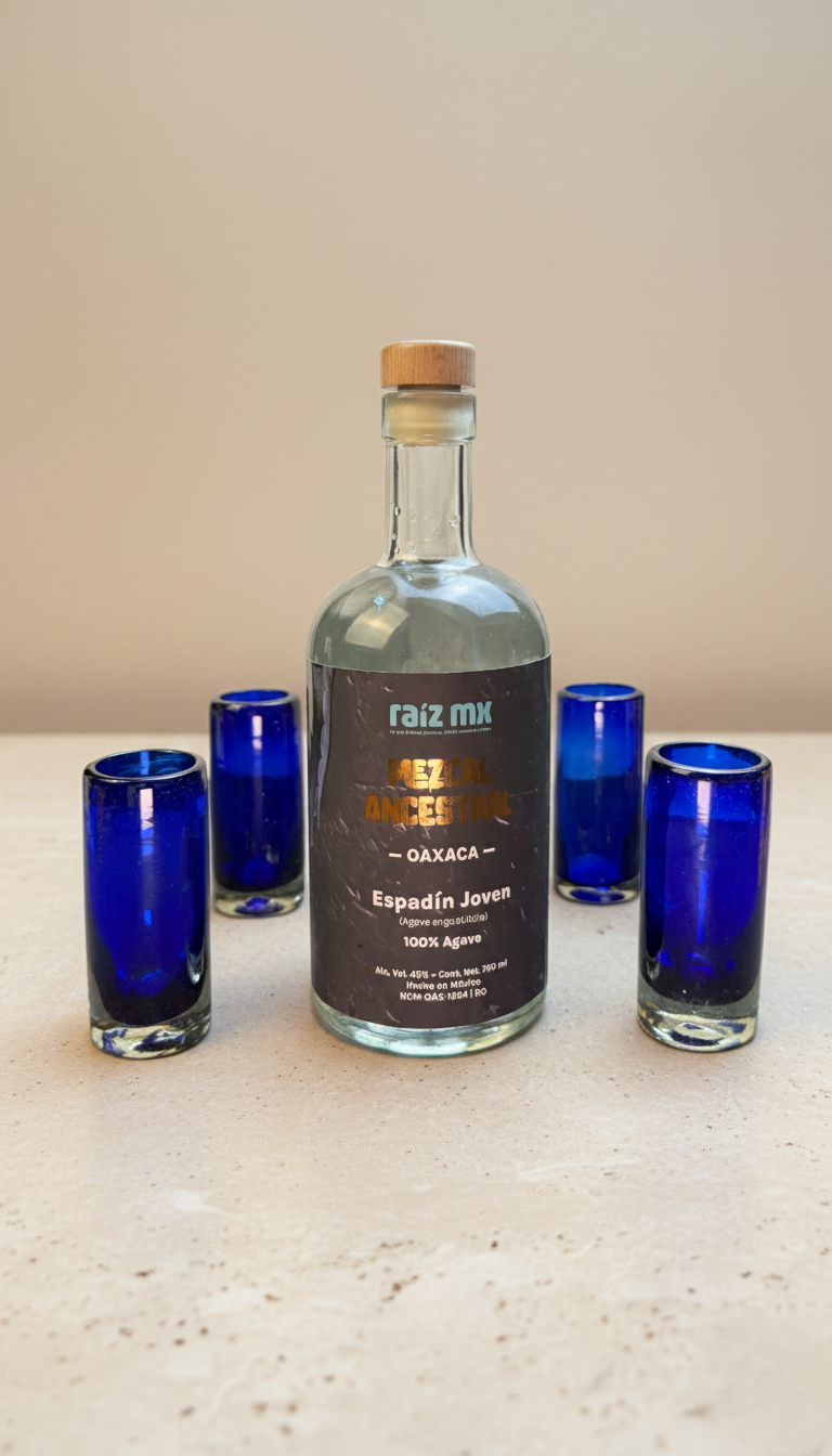 Ritual de Luz: Mezcal Ancestral y 4 Caballitos de Vidrio Soplado - Edición Azul Cobalto - Envío Incluido