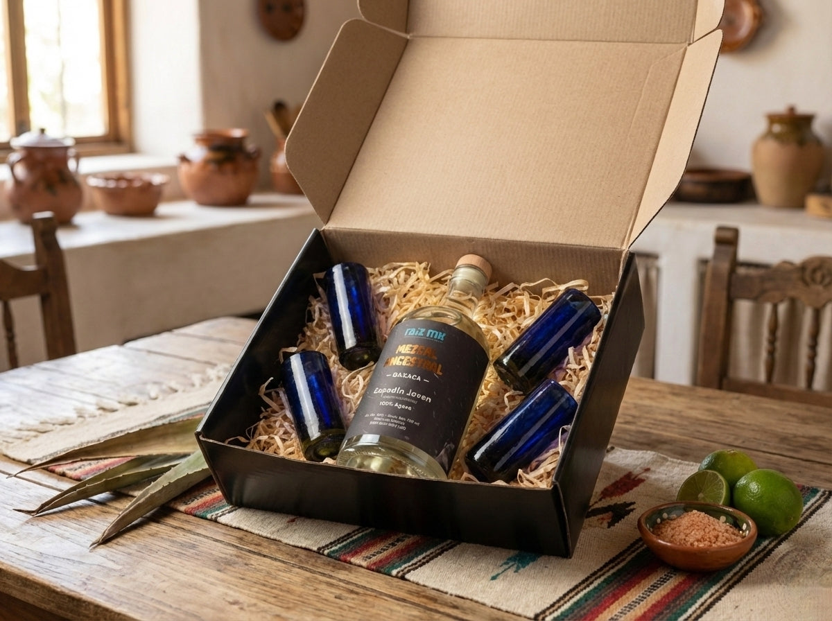 Ritual de Luz: Mezcal Ancestral y 4 Caballitos de Vidrio Soplado - Edición Azul Cobalto - Envío Incluido