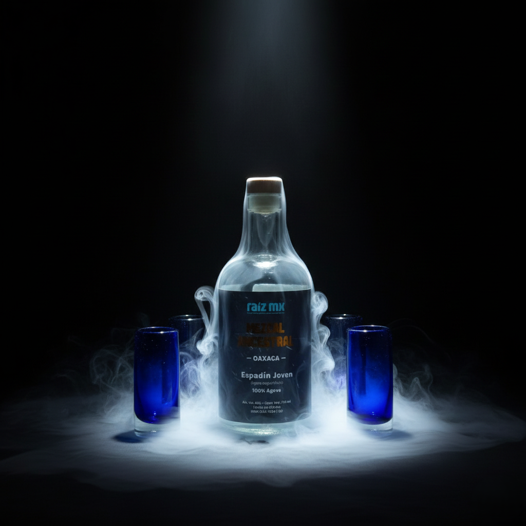 Ritual de Luz: Mezcal Ancestral y 4 Caballitos de Vidrio Soplado - Edición Azul Cobalto - Envío Incluido