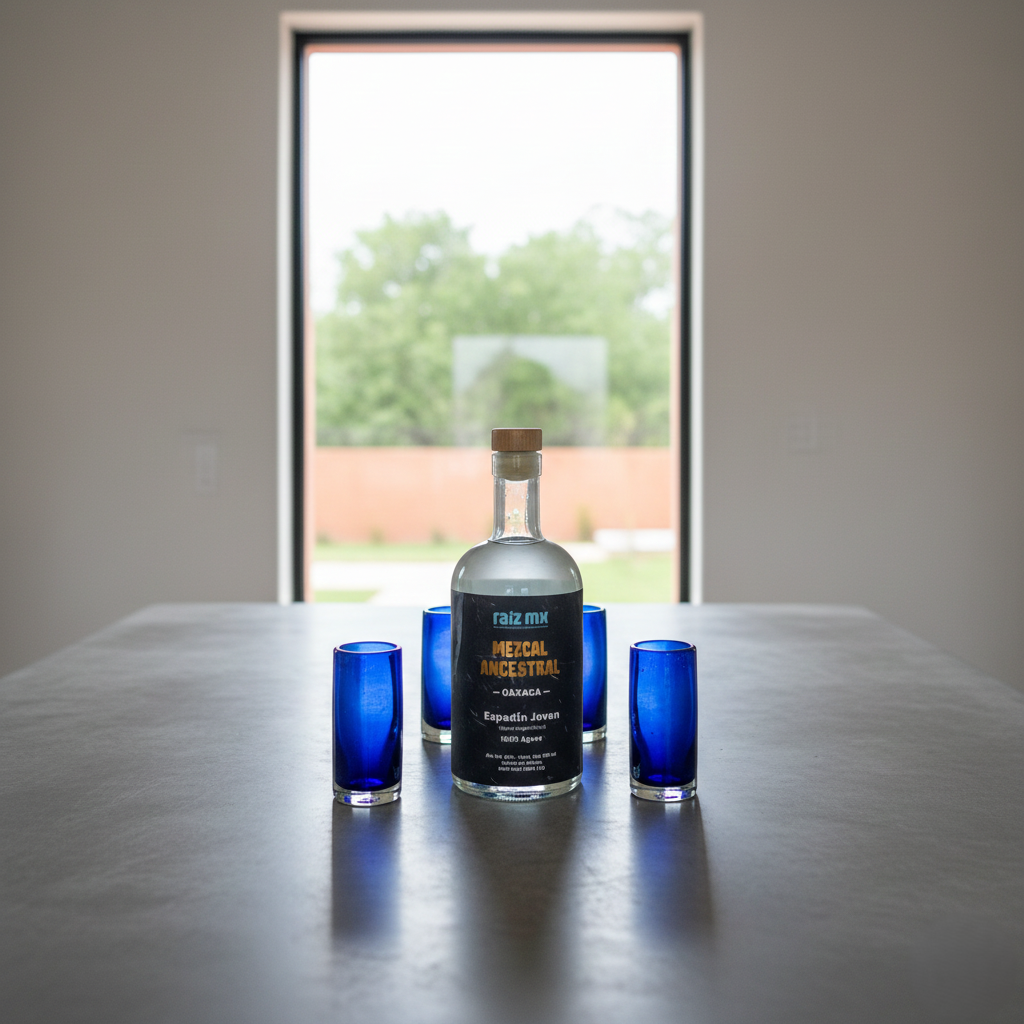 Ritual de Luz: Mezcal Ancestral y 4 Caballitos de Vidrio Soplado - Edición Azul Cobalto - Envío Incluido