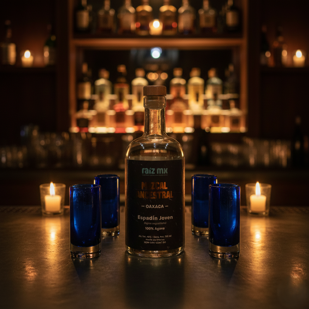 Ritual de Luz: Mezcal Ancestral y 4 Caballitos de Vidrio Soplado - Edición Azul Cobalto - Envío Incluido
