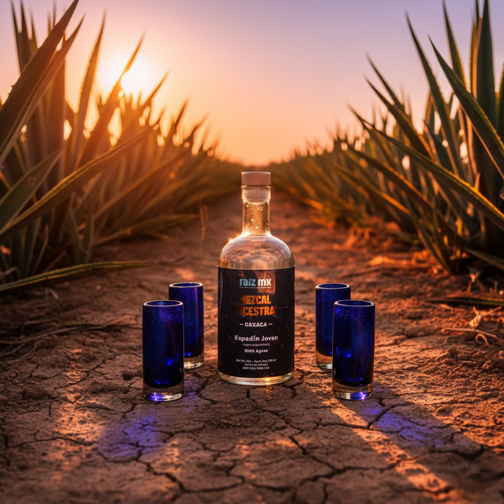 Ritual de Luz: Mezcal Ancestral y 4 Caballitos de Vidrio Soplado - Edición Azul Cobalto - Envío Incluido