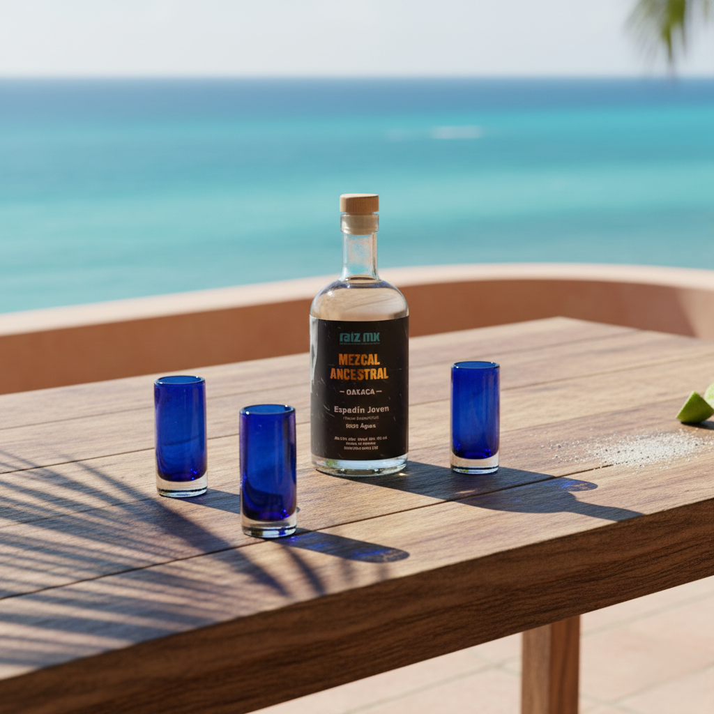 Ritual de Luz: Mezcal Ancestral y 4 Caballitos de Vidrio Soplado - Edición Azul Cobalto - Envío Incluido