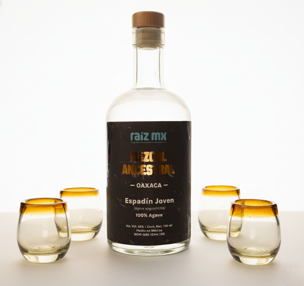 Ritual de Luz: Mezcal Ancestral y 4 Caballitos de Vidrio Soplado - Edición Ambar Solar - Envío Incluido