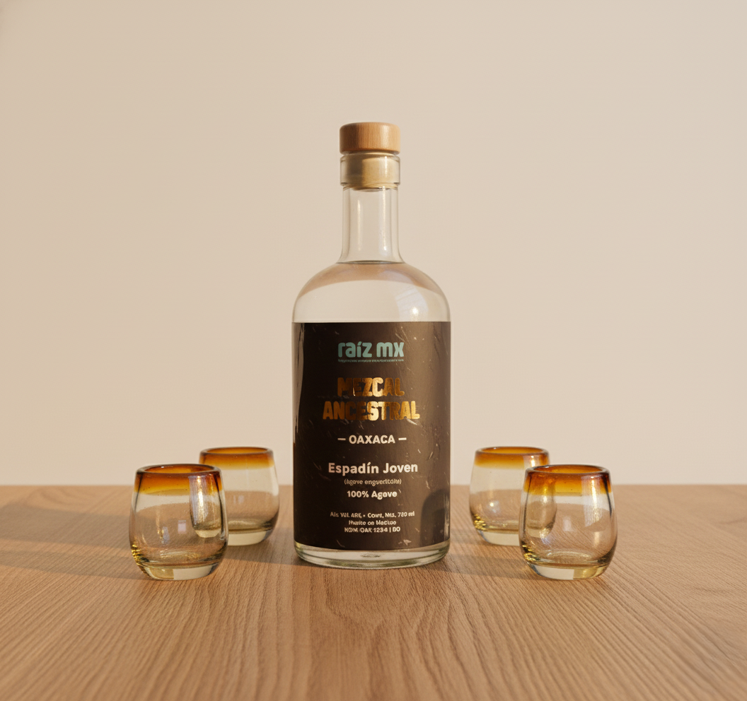 Ritual de Luz: Mezcal Ancestral y 4 Caballitos de Vidrio Soplado - Edición Ambar Solar - Envío Incluido