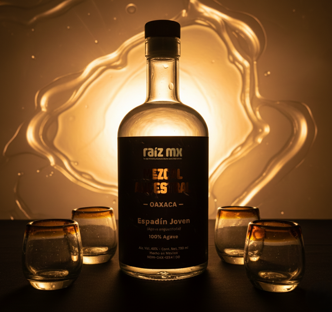 Ritual de Luz: Mezcal Ancestral y 4 Caballitos de Vidrio Soplado - Edición Ambar Solar - Envío Incluido