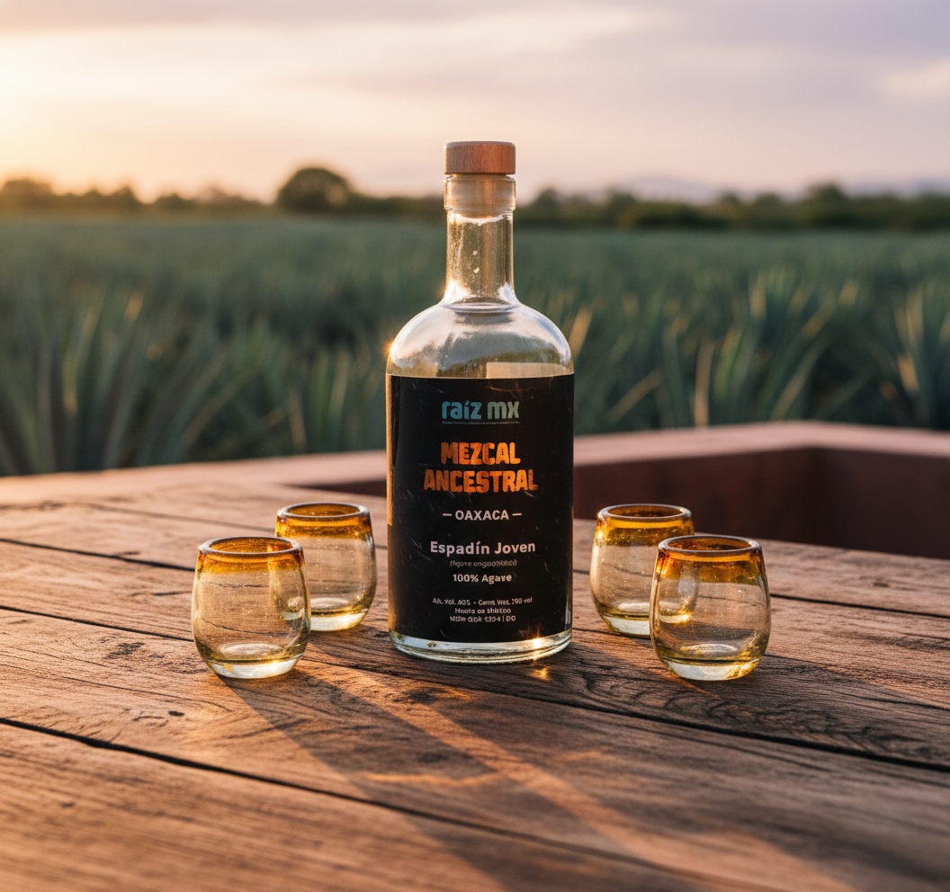 Ritual de Luz: Mezcal Ancestral y 4 Caballitos de Vidrio Soplado - Edición Ambar Solar - Envío Incluido