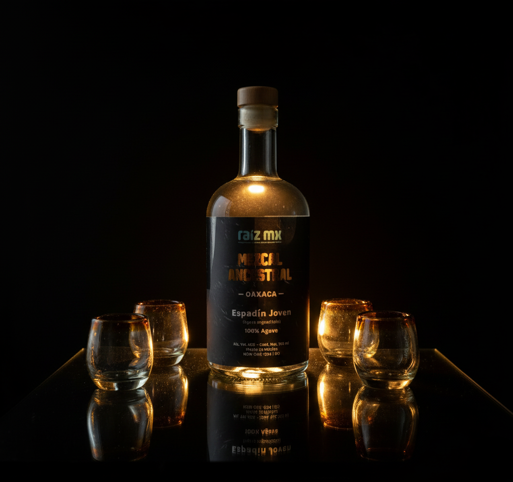 Ritual de Luz: Mezcal Ancestral y 4 Caballitos de Vidrio Soplado - Edición Ambar Solar - Envío Incluido
