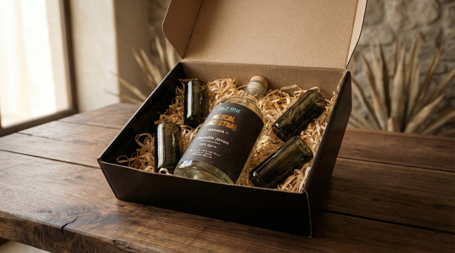 Ritual de Luz: Mezcal Ancestral y 4 Caballitos de Vidrio Soplado - Edición Humo Volcánico - Envío Incluido