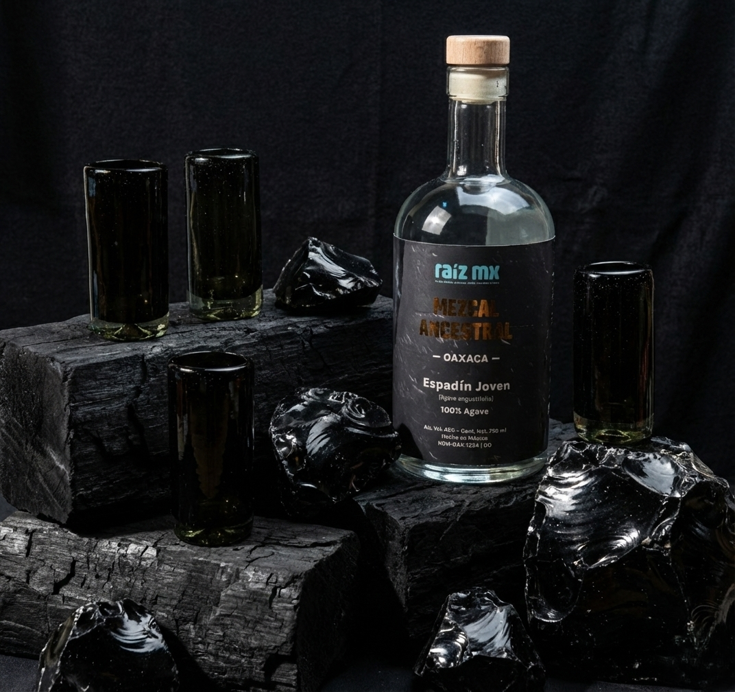 Ritual de Luz: Mezcal Ancestral y 4 Caballitos de Vidrio Soplado - Edición Humo Volcánico - Envío Incluido