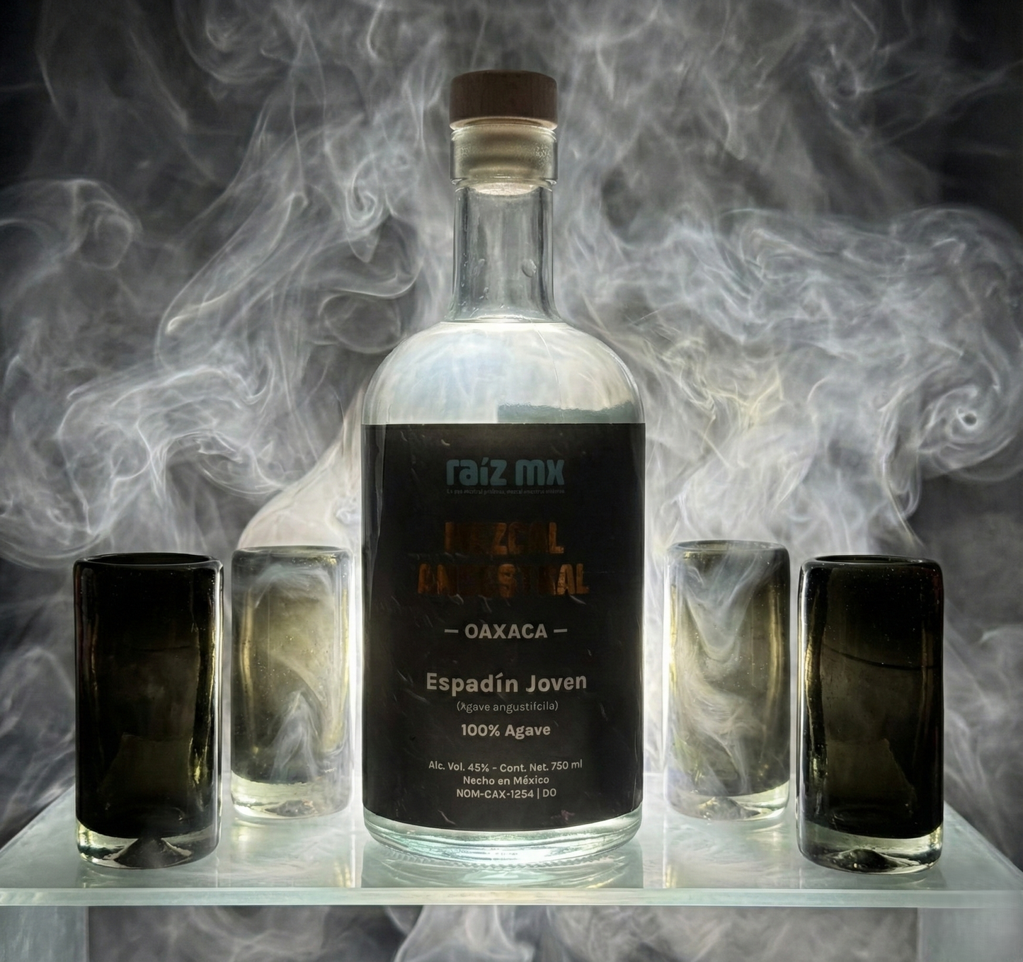 Ritual de Luz: Mezcal Ancestral y 4 Caballitos de Vidrio Soplado - Edición Humo Volcánico - Envío Incluido