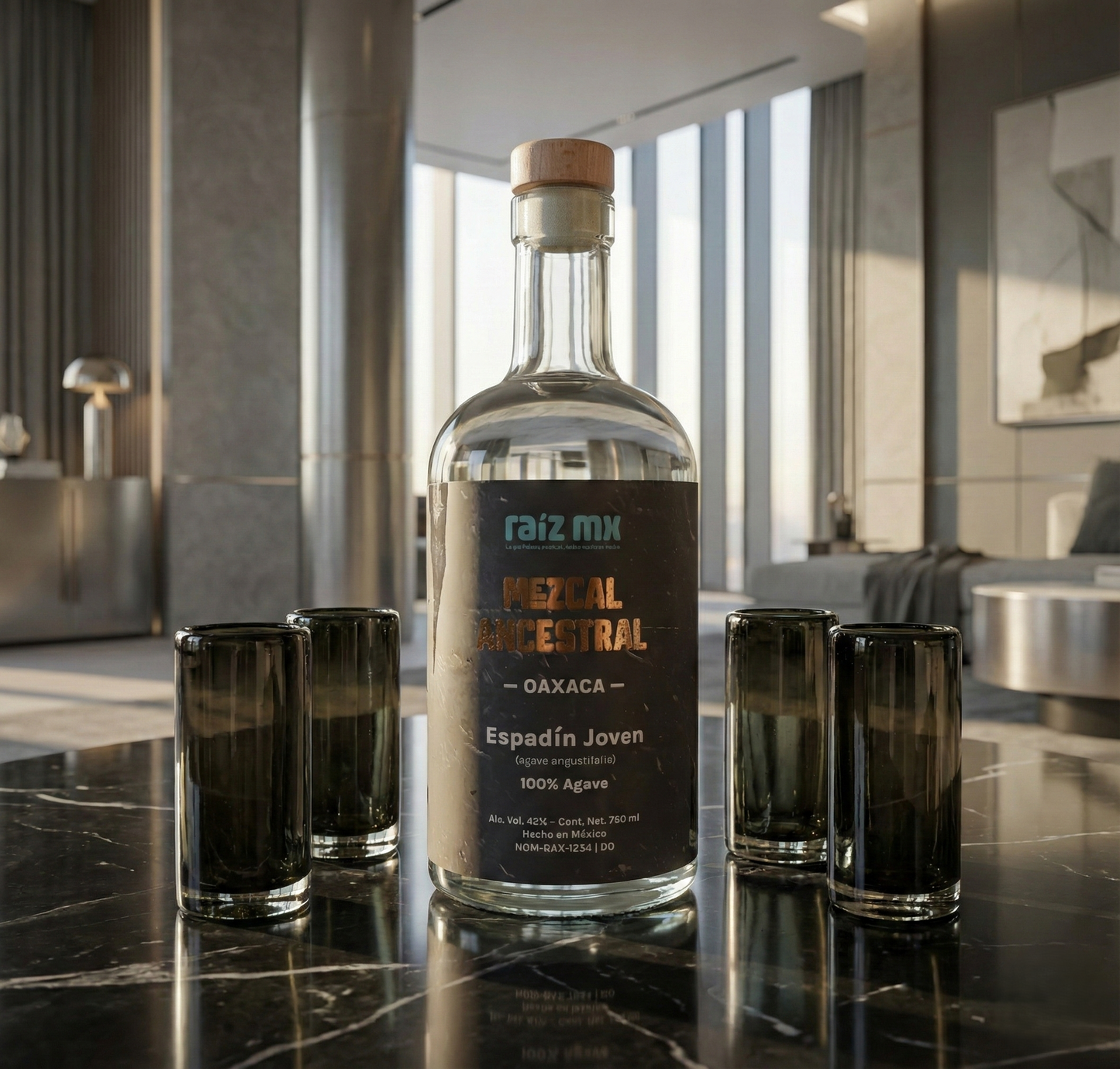 Ritual de Luz: Mezcal Ancestral y 4 Caballitos de Vidrio Soplado - Edición Humo Volcánico - Envío Incluido