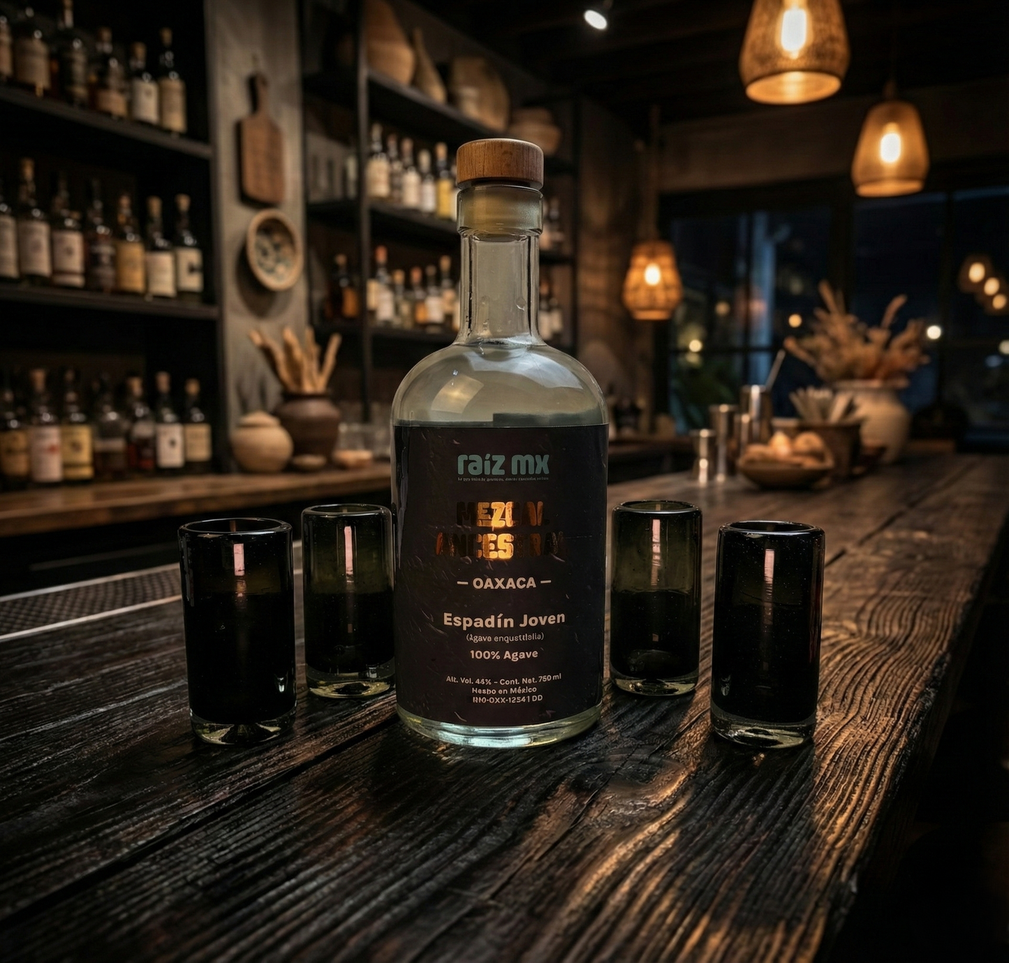 Ritual de Luz: Mezcal Ancestral y 4 Caballitos de Vidrio Soplado - Edición Humo Volcánico - Envío Incluido