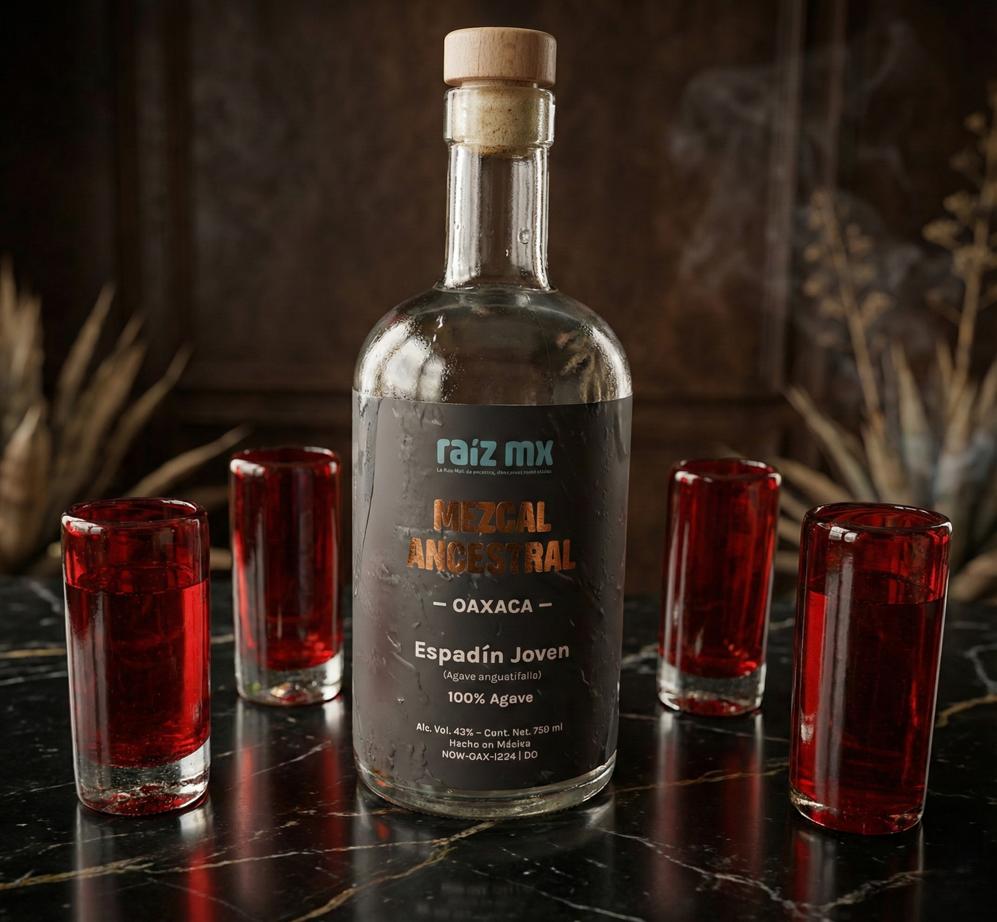Ritual de Luz: Mezcal Ancestral y 4 Caballitos de Vidrio Soplado - Edición Rojo Carmín - Envío Incluido