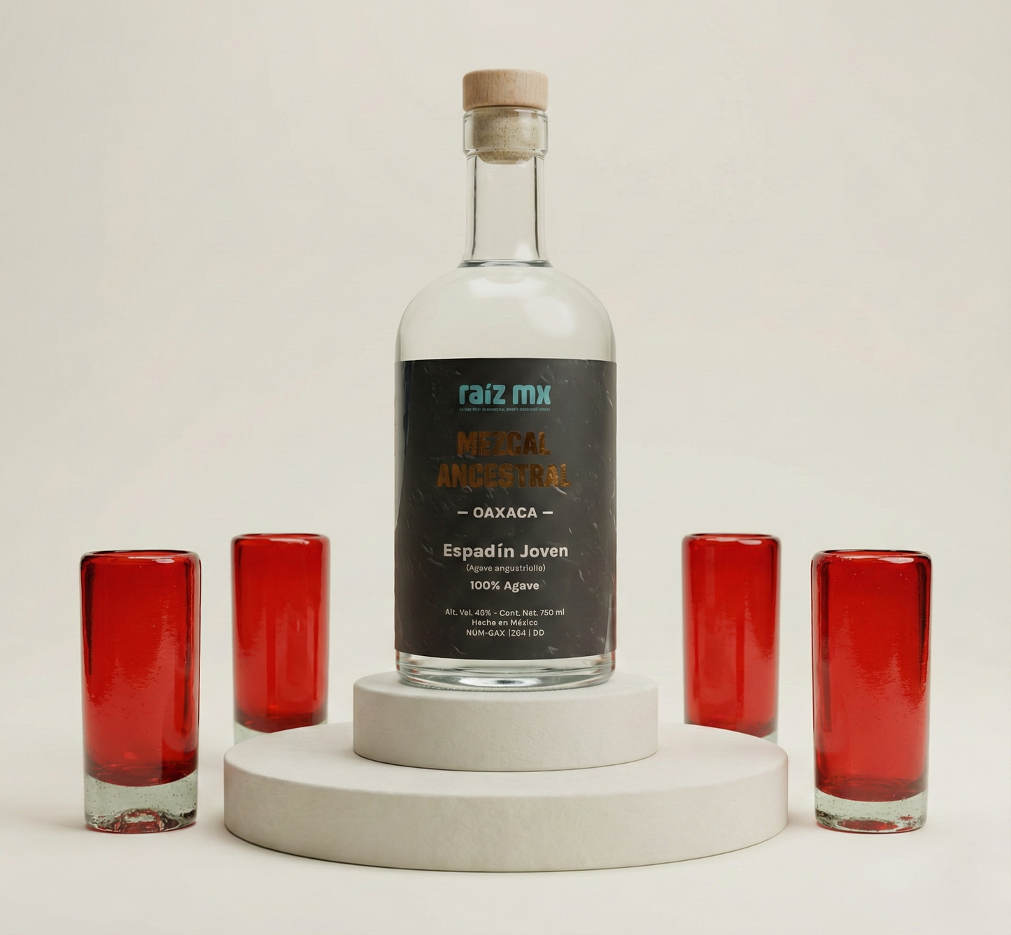 Ritual de Luz: Mezcal Ancestral y 4 Caballitos de Vidrio Soplado - Edición Rojo Carmín - Envío Incluido