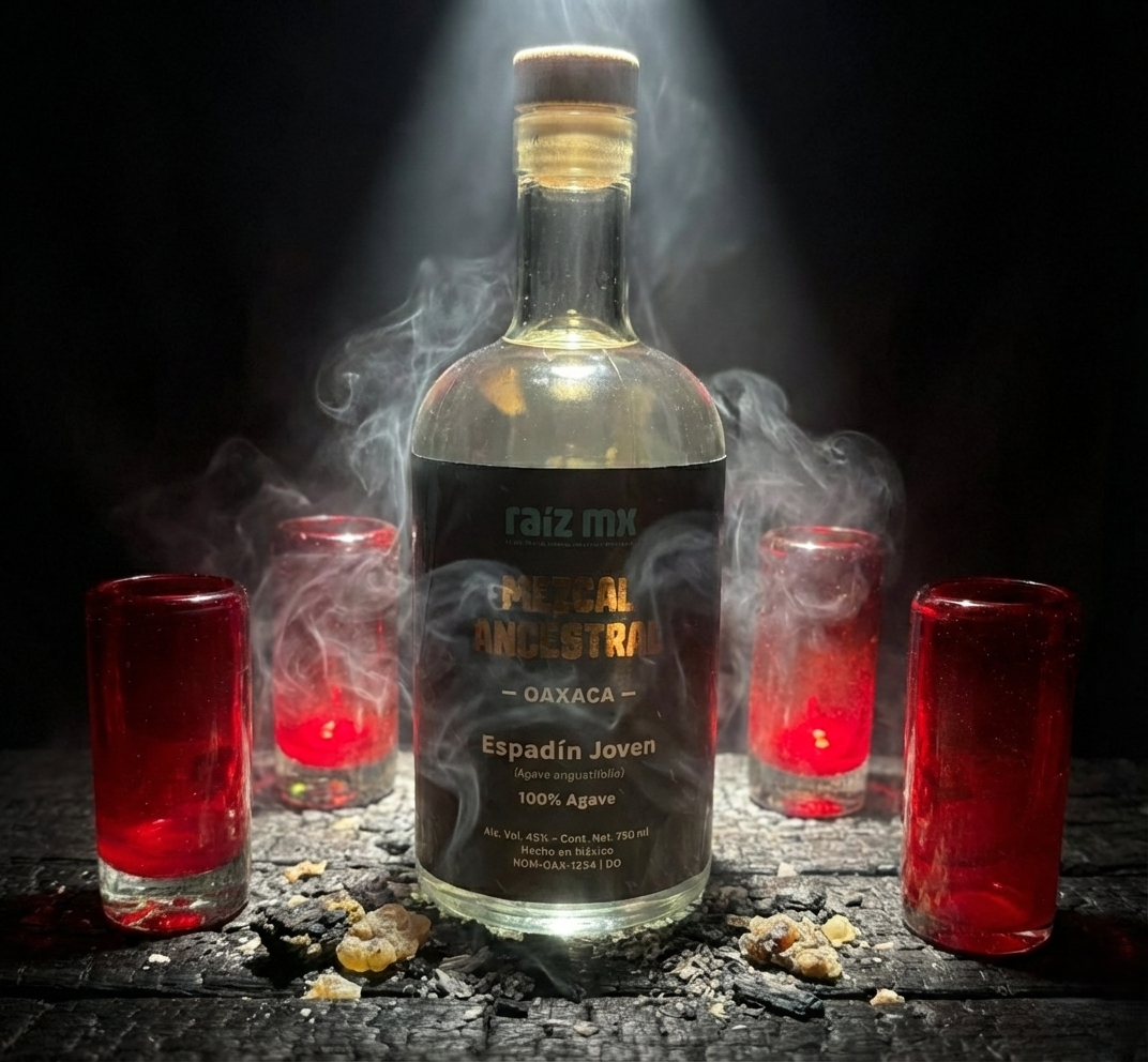 Ritual de Luz: Mezcal Ancestral y 4 Caballitos de Vidrio Soplado - Edición Rojo Carmín - Envío Incluido