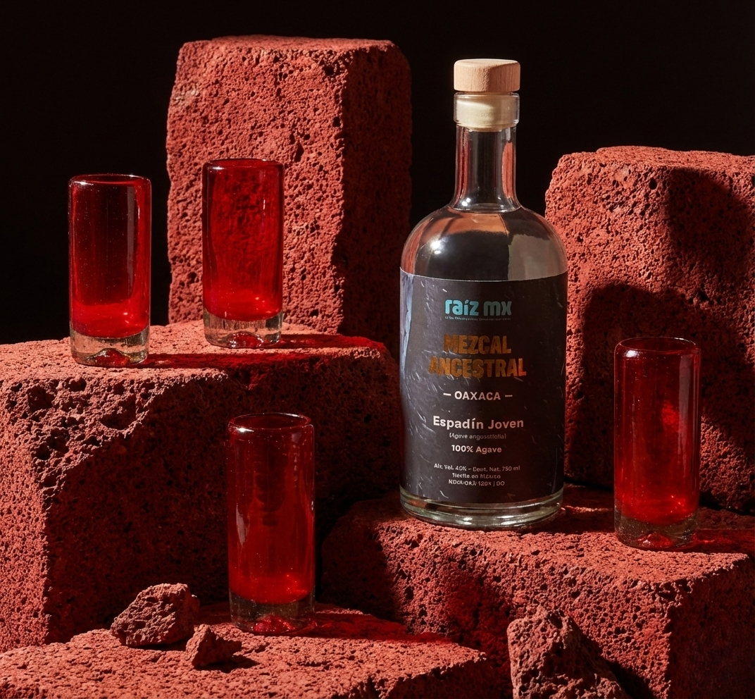 Ritual de Luz: Mezcal Ancestral y 4 Caballitos de Vidrio Soplado - Edición Rojo Carmín - Envío Incluido