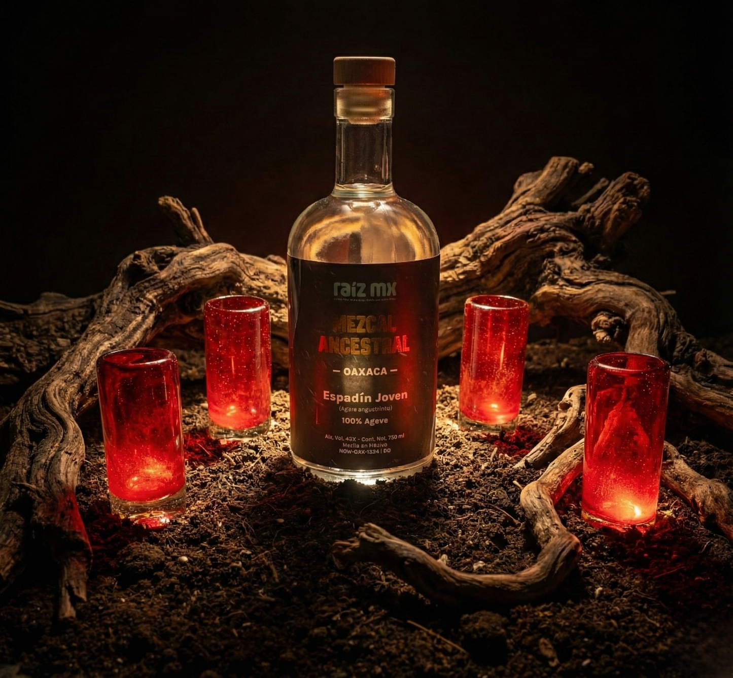 Ritual de Luz: Mezcal Ancestral y 4 Caballitos de Vidrio Soplado - Edición Rojo Carmín - Envío Incluido