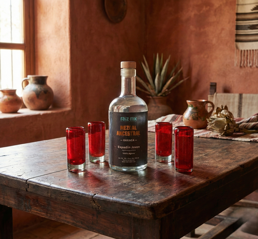 Ritual de Luz: Mezcal Ancestral y 4 Caballitos de Vidrio Soplado - Edición Rojo Carmín - Envío Incluido