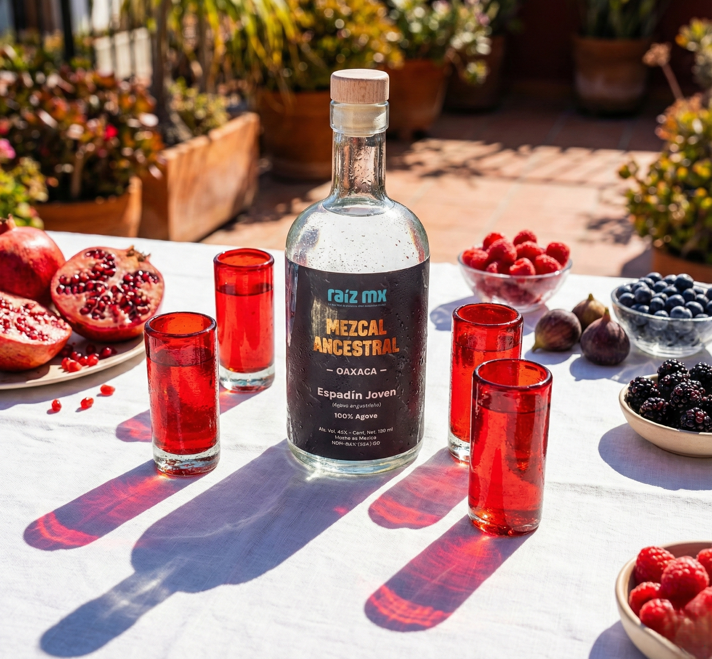 Ritual de Luz: Mezcal Ancestral y 4 Caballitos de Vidrio Soplado - Edición Rojo Carmín - Envío Incluido