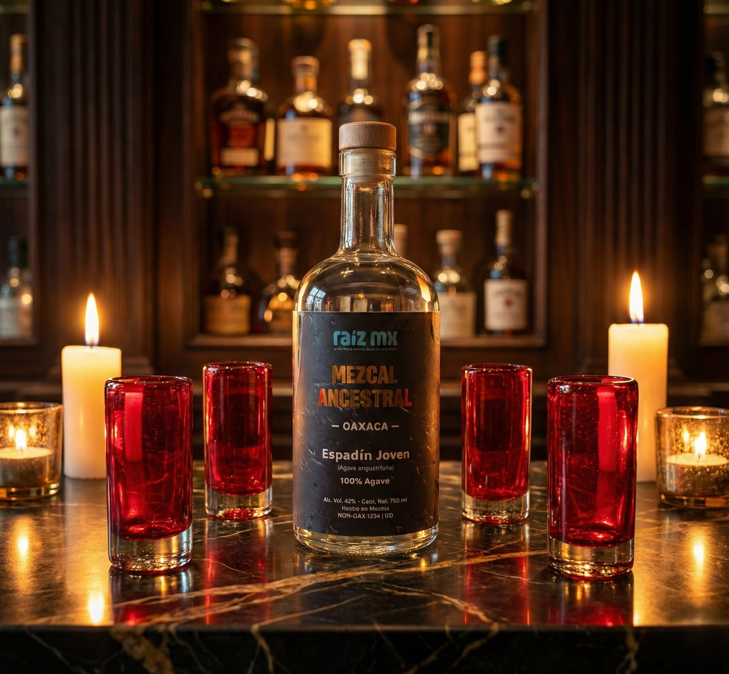 Ritual de Luz: Mezcal Ancestral y 4 Caballitos de Vidrio Soplado - Edición Rojo Carmín - Envío Incluido