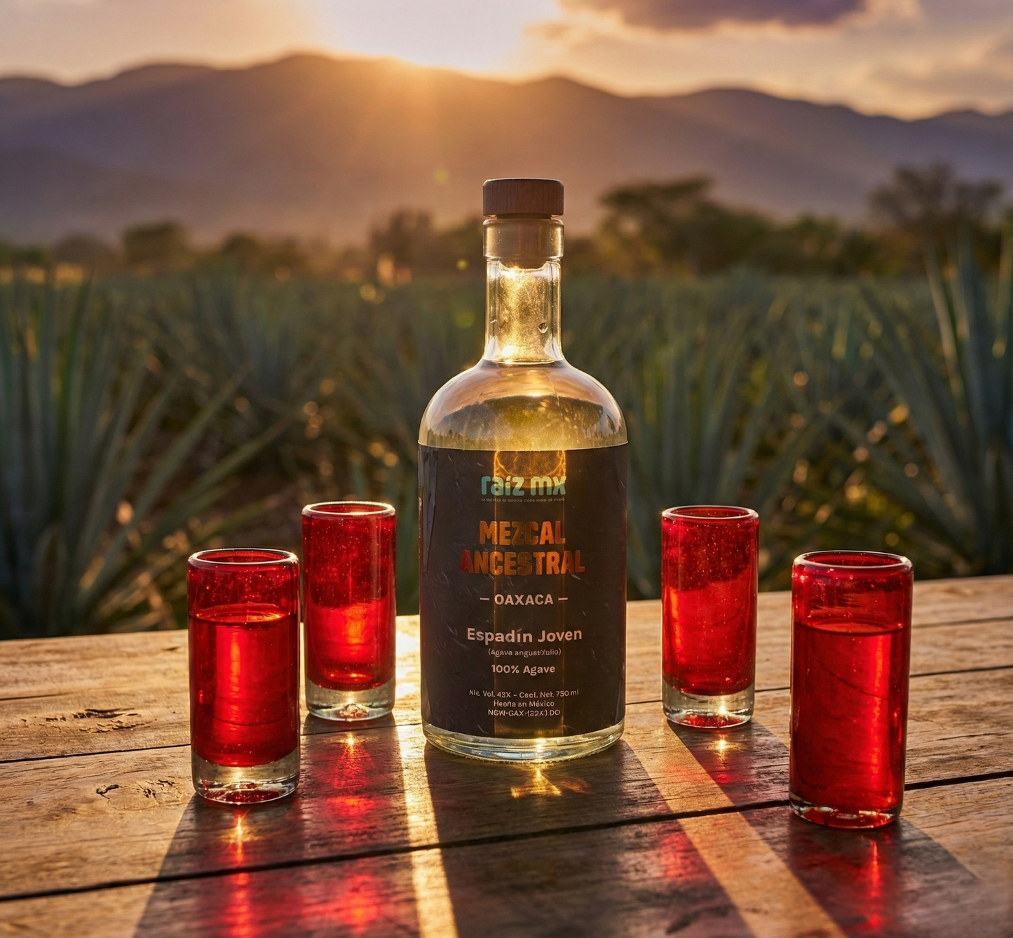 Ritual de Luz: Mezcal Ancestral y 4 Caballitos de Vidrio Soplado - Edición Rojo Carmín - Envío Incluido